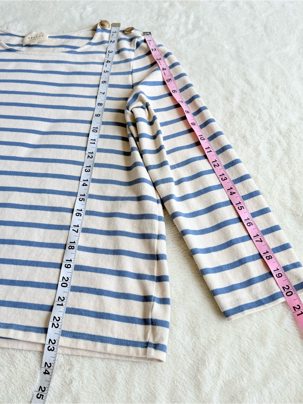 Sezane Colette Cotton Stripes Ivory Blue Crewneck Long Sleeve T-shirt L - Picture 4 of 10